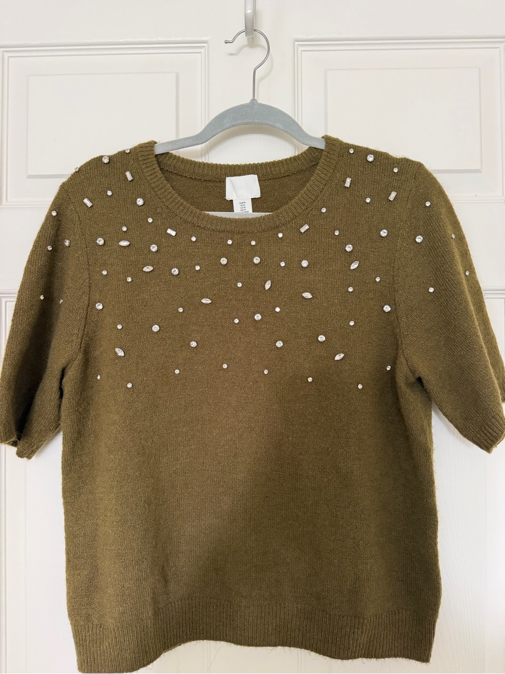 H&M Olive Green Short-Sleeve Crewneck Sweater with Bead Embellishments